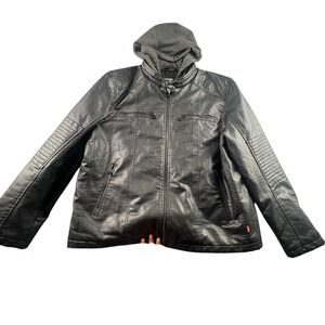 Levis Faux Black Leather Jacket Men's XXL‎ Racer Moto Biker Quilted Hooded Lined